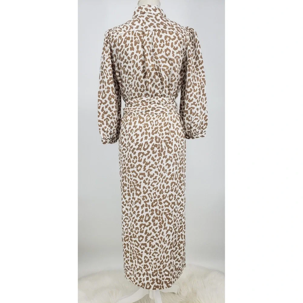 J Crew Midi Shirt Dress Bold Leopard Print Size 2 Belted Tie Waist Tan Cream